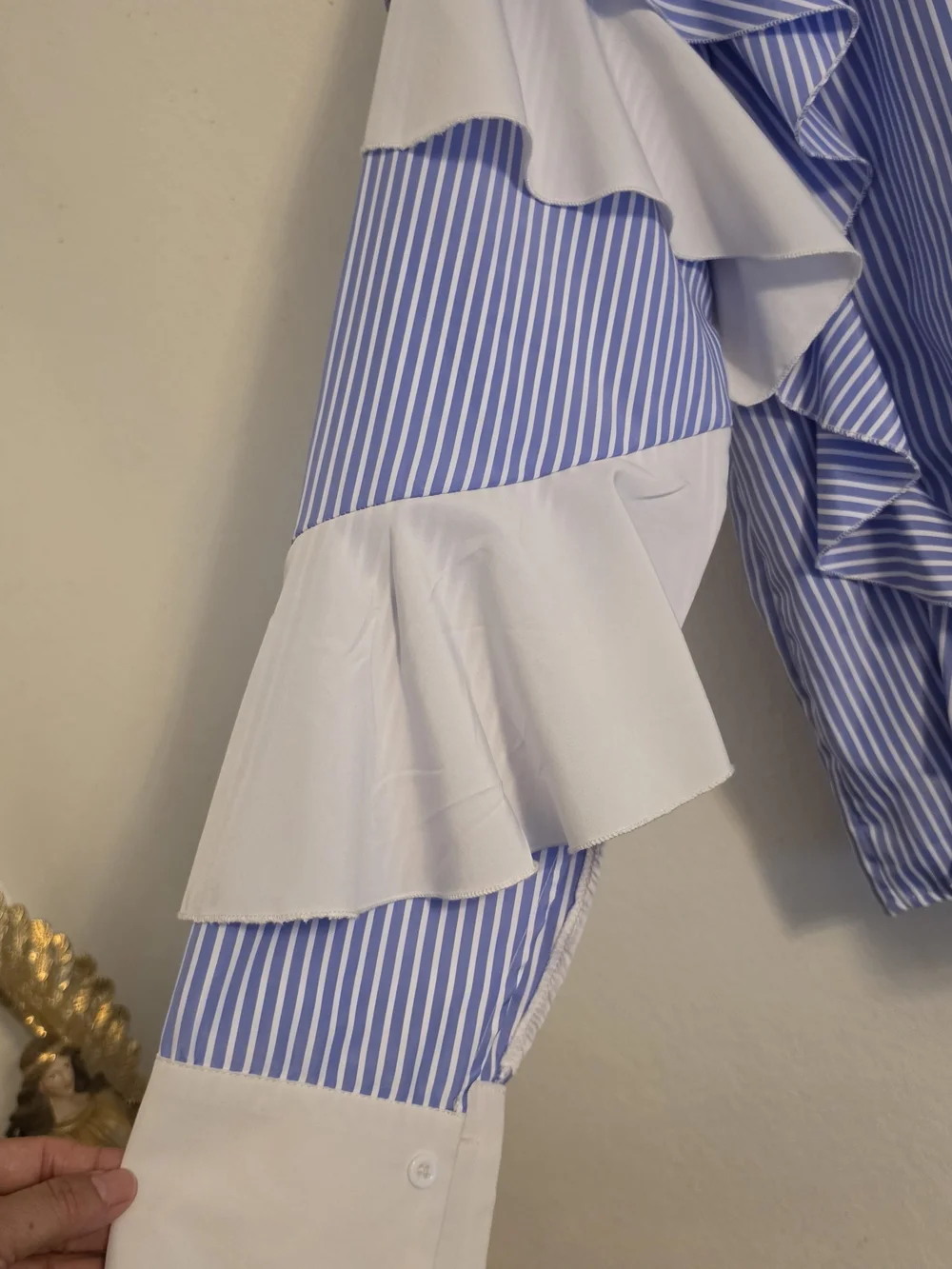 Striped Blue Ruffle Button-Down Blouse - Picture 8 of 8